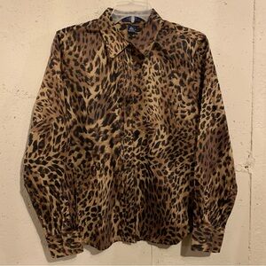 Leopard Print Dress Shirt Long Sleeve Button Up Chaps Brown Size L Petite Collar